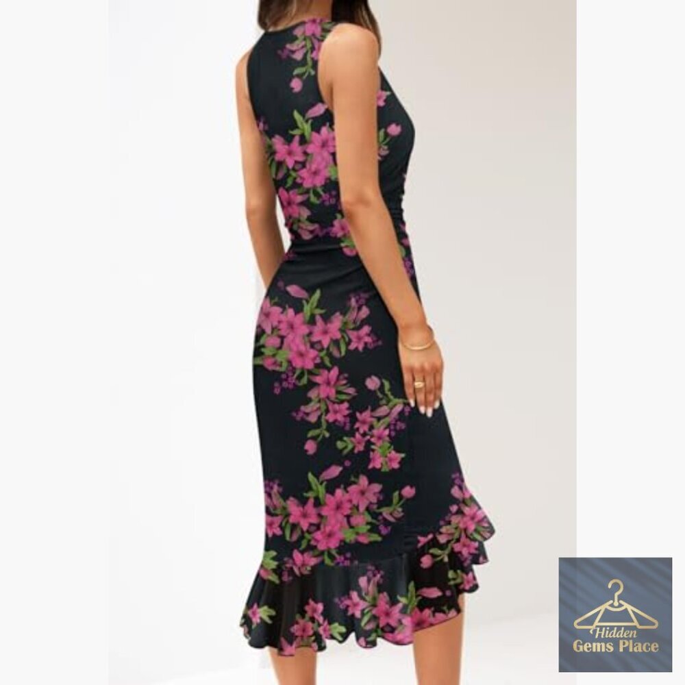 Floral Bodycon Midi Dress Sleeveless Square Neck Ruffle Cocktail - Picture 2 of 7